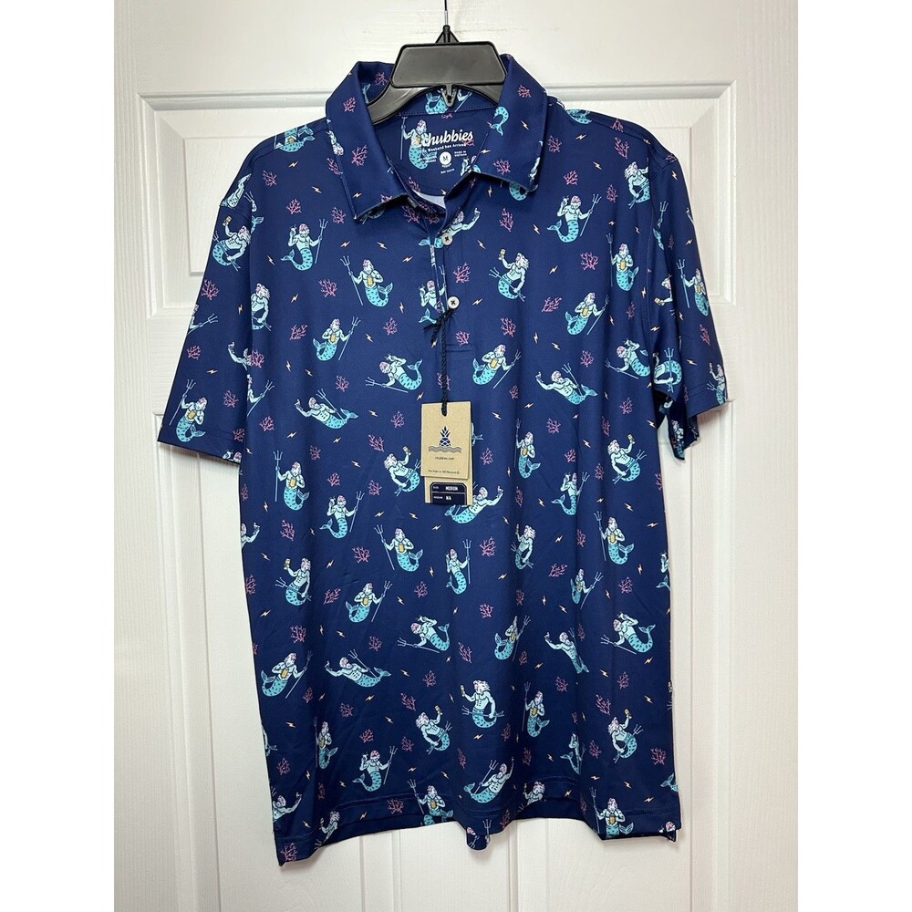 Size M Chubbies The Triton Of The Sea Performance Polo 2.0 Shirt Men Blue NEW